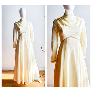 Vintage Pastel Yellow Draped Neck Empire Waist A Line Maxi Dress S